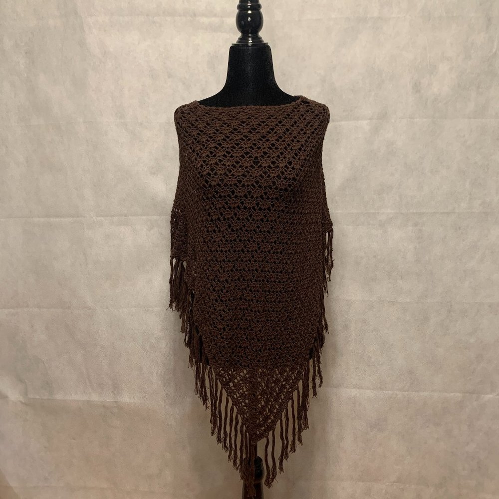 Brown Knit Fringe Poncho